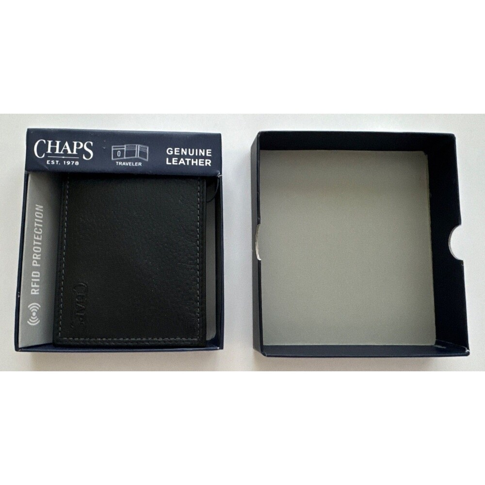 Chaps Mens Wallet Black Trifold Genuine Leather RFID Protection